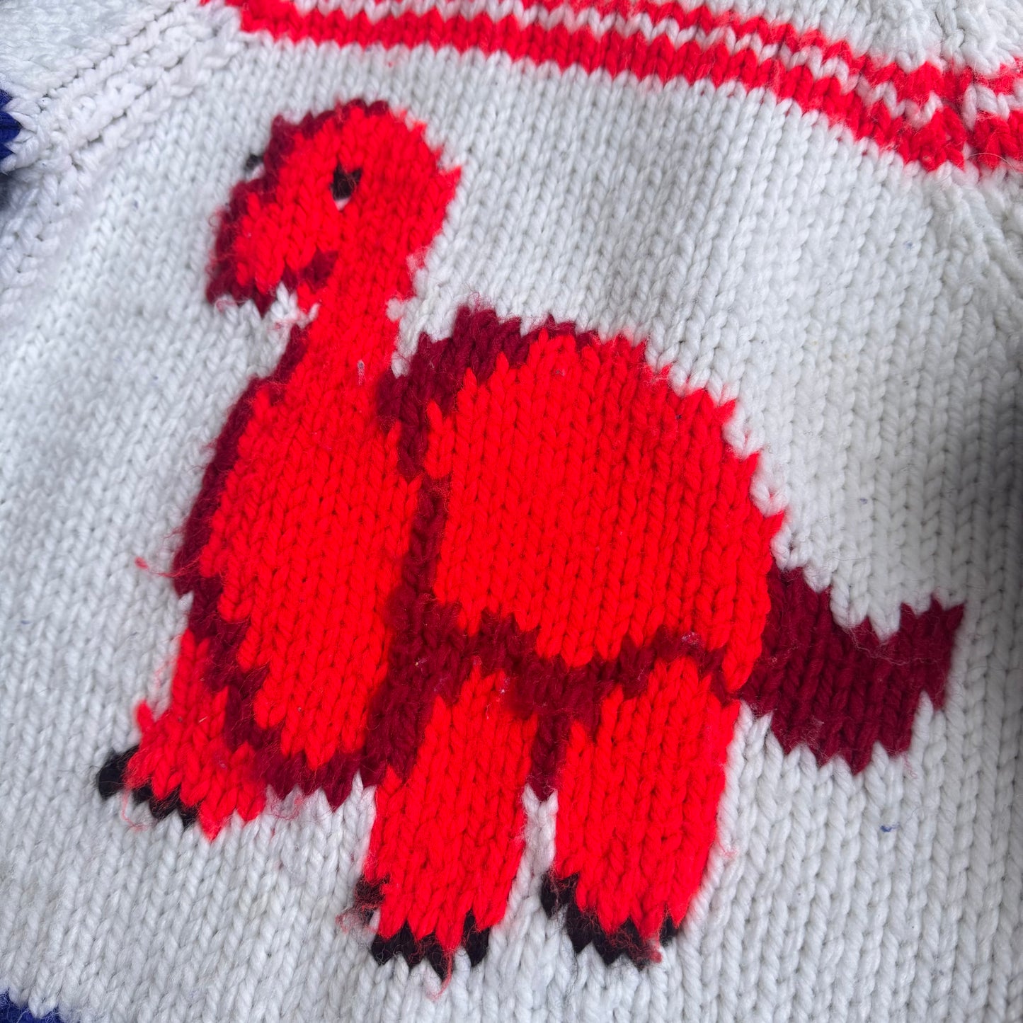 Kids Vintage Hand Knit Red Dinosaur Zip Cowichan 5Y 6Y 7Y