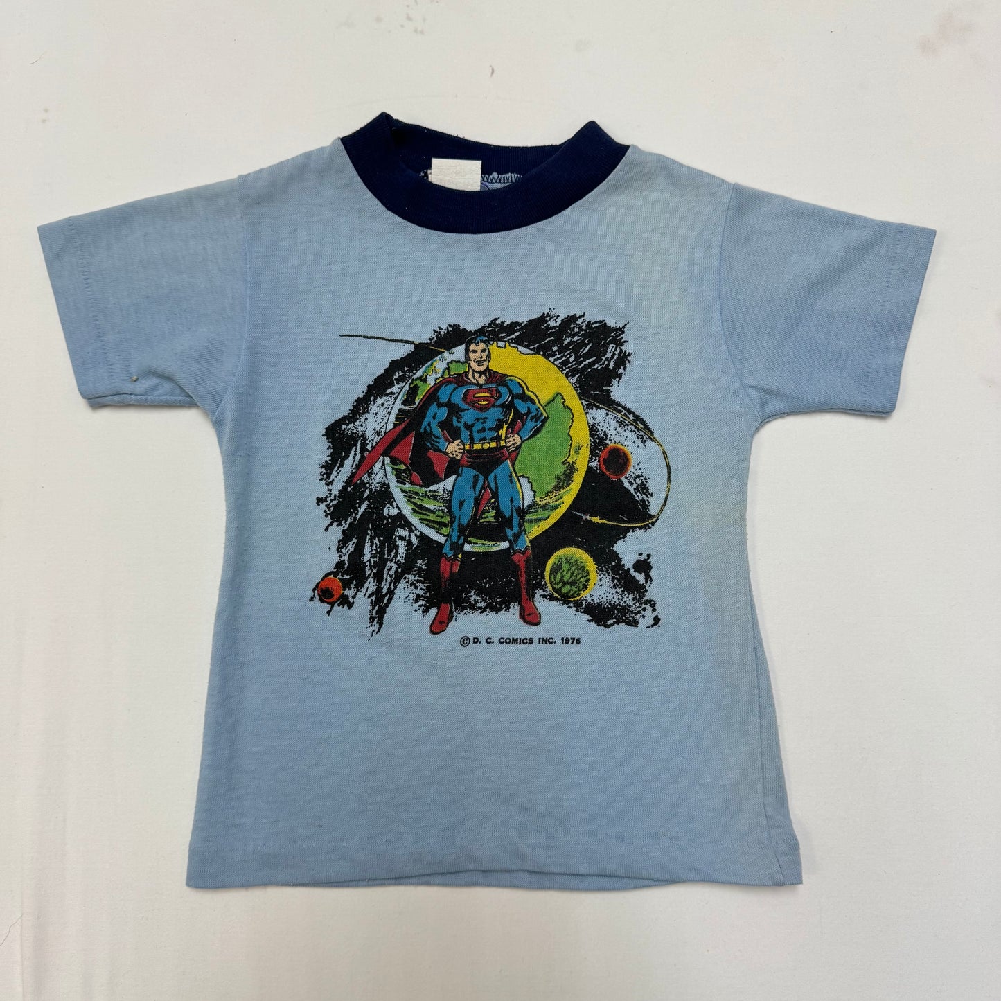 70s Kids Toddler Vintage DC Comics Superman Light Blue Short Sleeve Single Stitch Sears T-Shirt 4/5Y