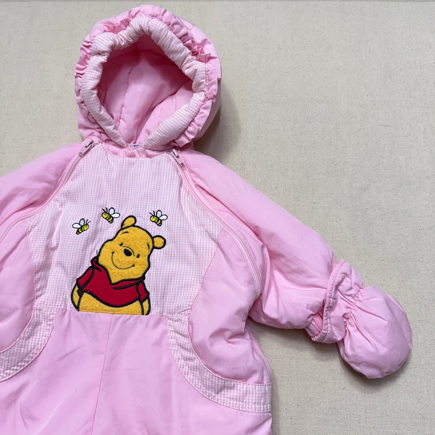 Y2K Kids Infant Vintage Disney Winnie the Pooh Double Zip Up Insulated Winter Suits with Mittens / 6m 9m 12m