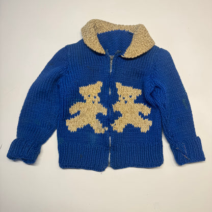 50s 60s Kids Toddler Vintage Blue Cowichan Sweater With Bears/ 3T 4T 5T