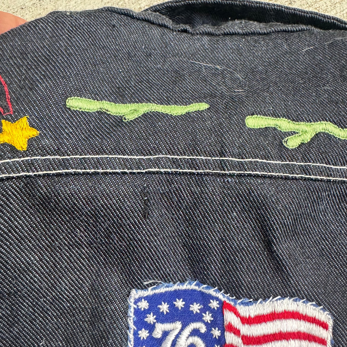 80s Kids Toddler Vintage Dark Denim Snap Double Pocket Long Sleeve Jacket With Cute Embroidered Patches Front And Back 4Y 5Y