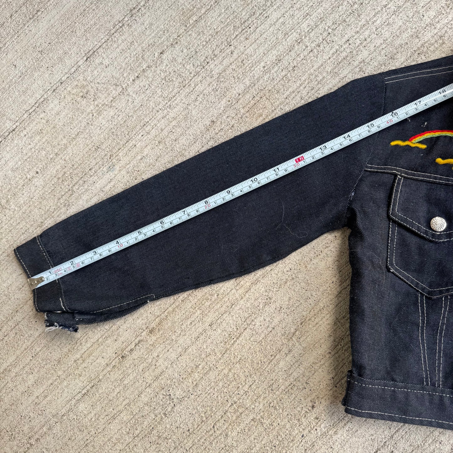 80s Kids Toddler Vintage Dark Denim Snap Double Pocket Long Sleeve Jacket With Cute Embroidered Patches Front And Back 4Y 5Y