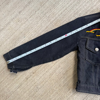 80s Kids Toddler Vintage Dark Denim Snap Double Pocket Long Sleeve Jacket With Cute Embroidered Patches Front And Back 4Y 5Y