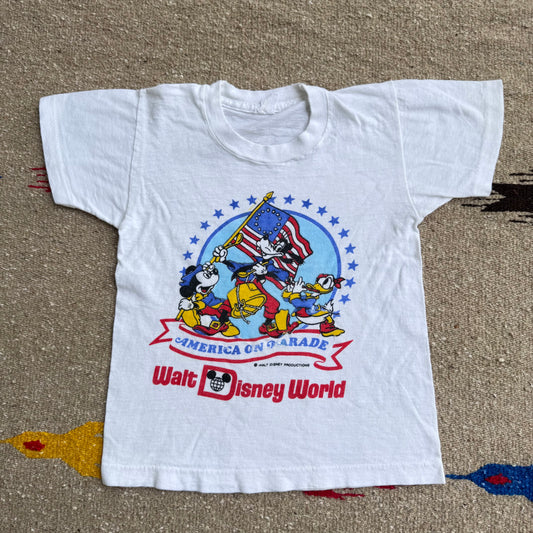 80s 90s Kids Toddler Vintage Walt Disney Mickey Goofy Donald America On Parade Single Stitch White Short Sleeve T-Shirt 3Y 4Y 5Y