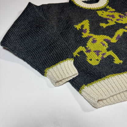 Kids Toddler Vintage Hand Knit Pullover Dark Gray AOP Cute Frogs Print 4Y 5Y 6Y