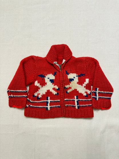 50s 60s Kids Toddler Vintage Lamb Emboridered Red Flash Zipper Shawl Collar Cowichan Sweater / 4T 5y 6y