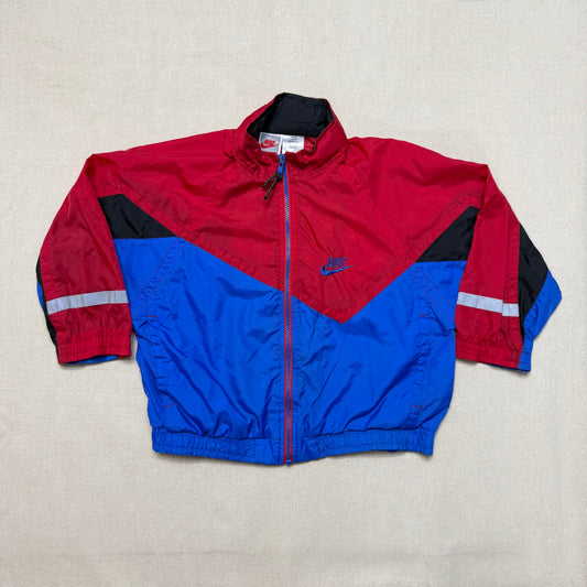 90s Kids Vintage Nike Red Blue Multicolour Hidden Hood with Light Reflector Windbreaker Light Jacket  / 6y 7y 8y