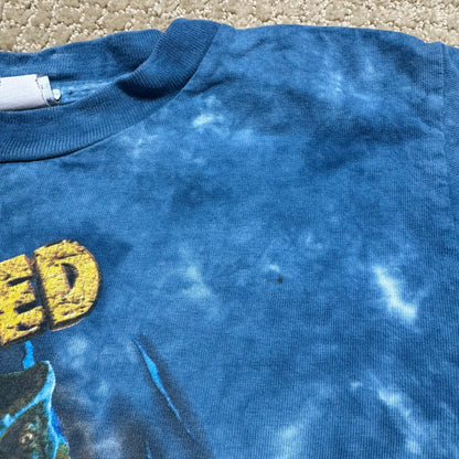 90s Kids Vintage Universal Studios I Survived Jurassic Park Glow In the Dark Print Blue Tie Dye Single Stitch Short Sleeve 100% Cotton T-Shirt M 5Y 6Y