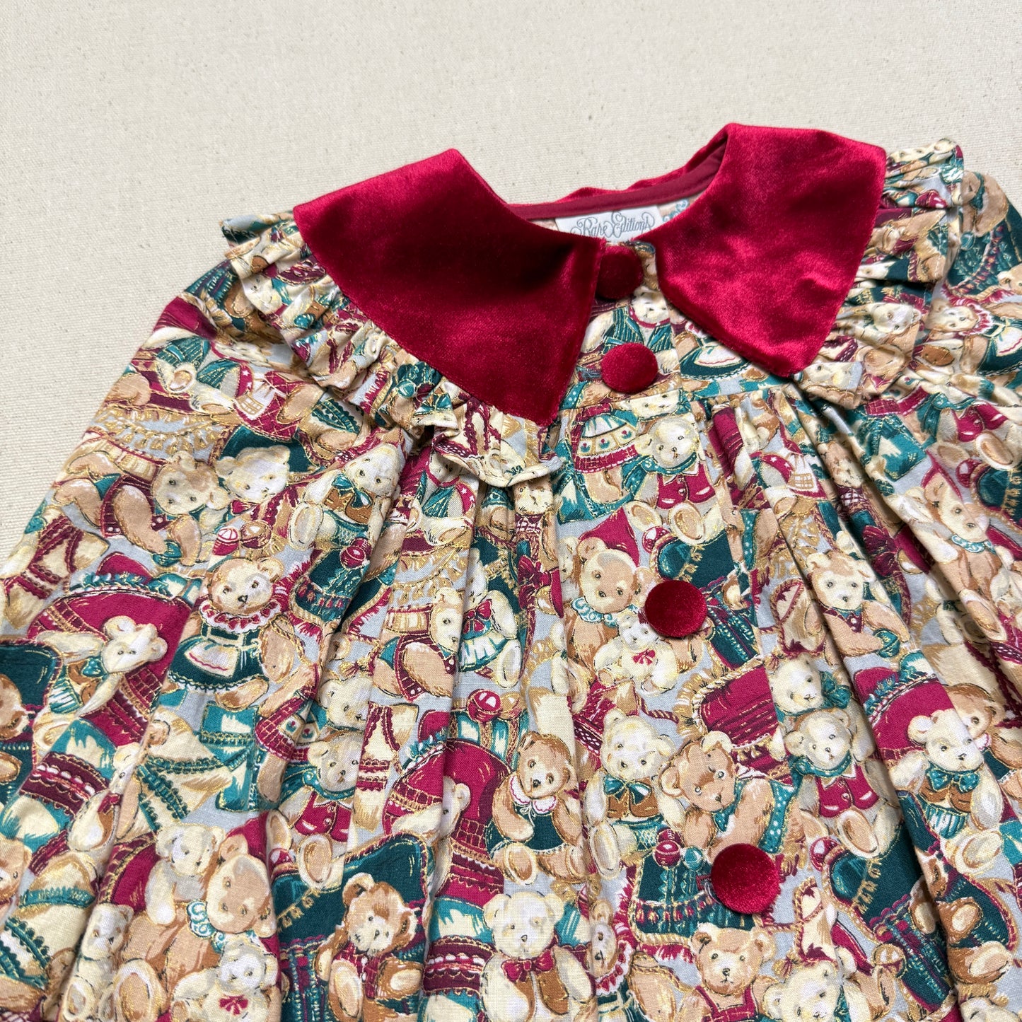 80s 90s Kids Toddler Vintage Teddy Bear AOP Christmas Pattern Velvet Round Collar Dress / 24m 2T   dress