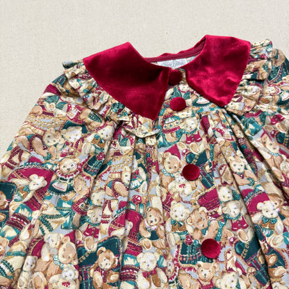 80s 90s Kids Toddler Vintage Teddy Bear AOP Christmas Pattern Velvet Round Collar Dress / 24m 2T   dress