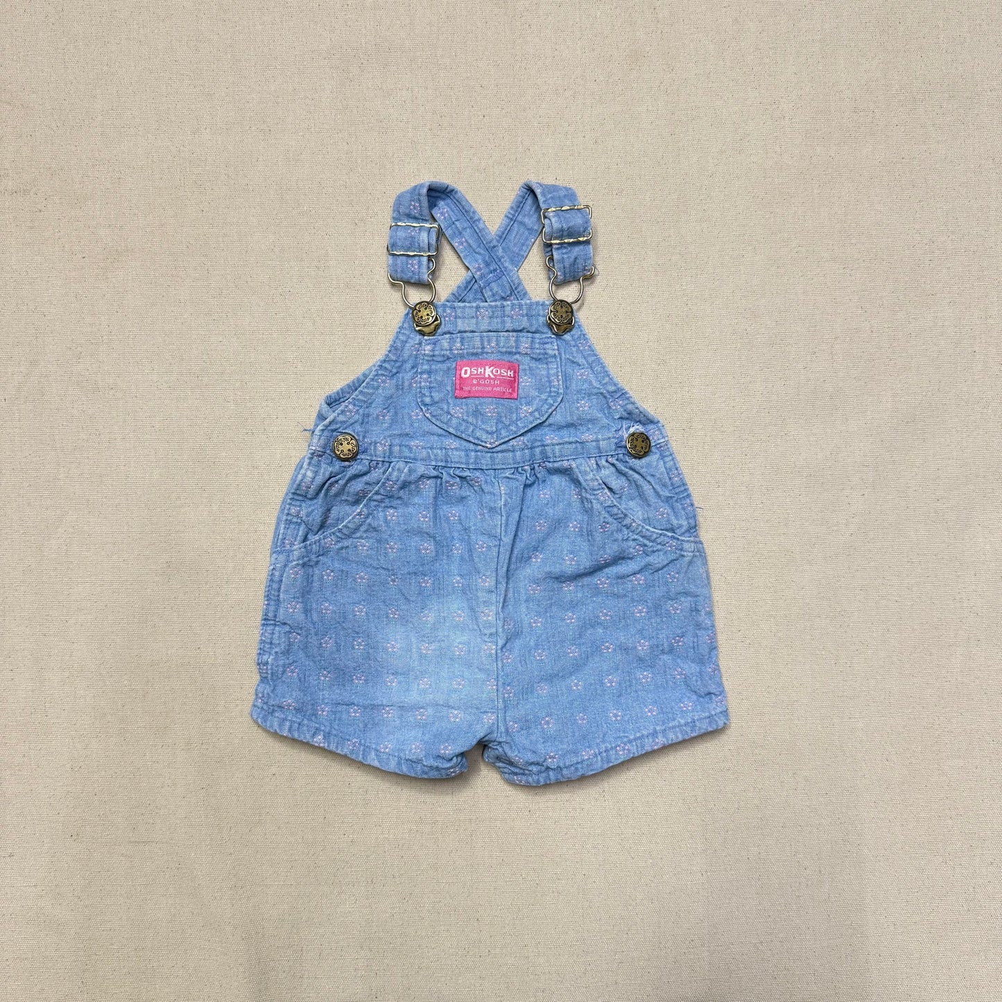 90s Kids Infant Baby Vintage Oshkosh Bgosh Flower AOP Denim Shortall / 0m 3m 6m