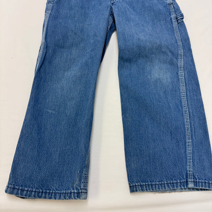 70s Kids Vintage Big Smith Blue Denim Long Pant Overalls With adjustable Straps Cute Patches Front And Back 5Y 6Y Made in USA