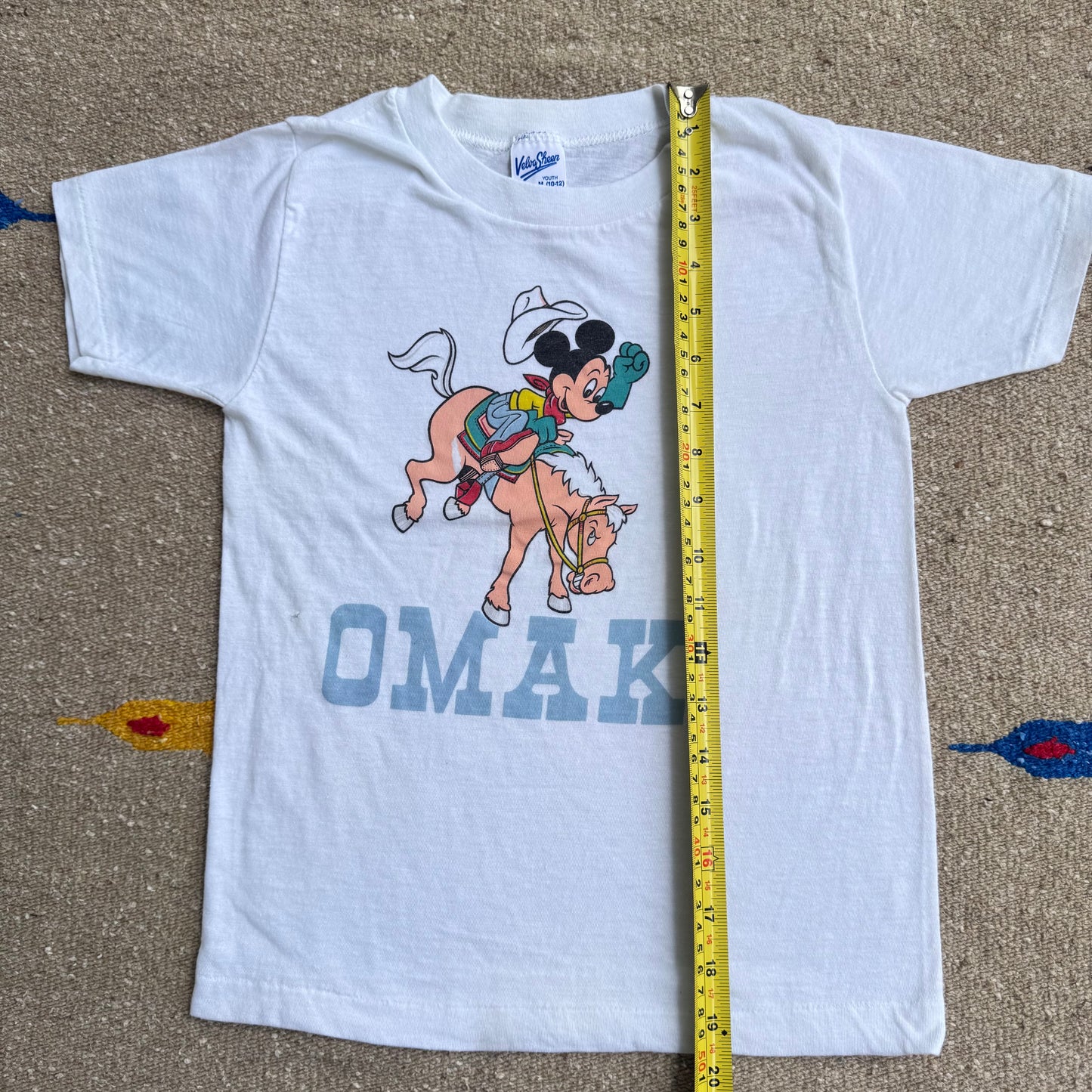 80s 90s Kids Mickey Cowboy Omak Single Stitch White T-Shirt M 10-12T Baby Tee Made In USA