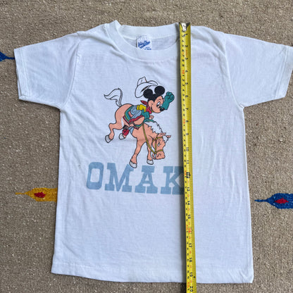 80s 90s Kids Mickey Cowboy Omak Single Stitch White T-Shirt M 10-12T Baby Tee Made In USA
