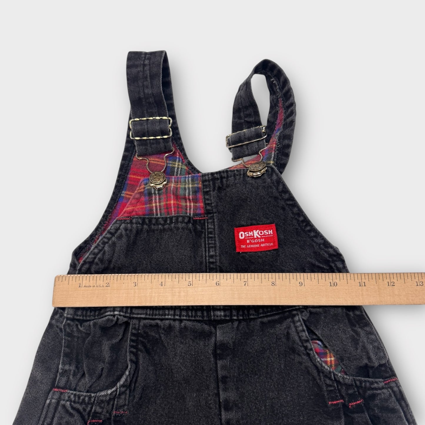 Kids Toddler Vintage Oshkosh B’Gosh Vestbak Black Denim Lined Flannel Plaid Overall 3T Made in USA