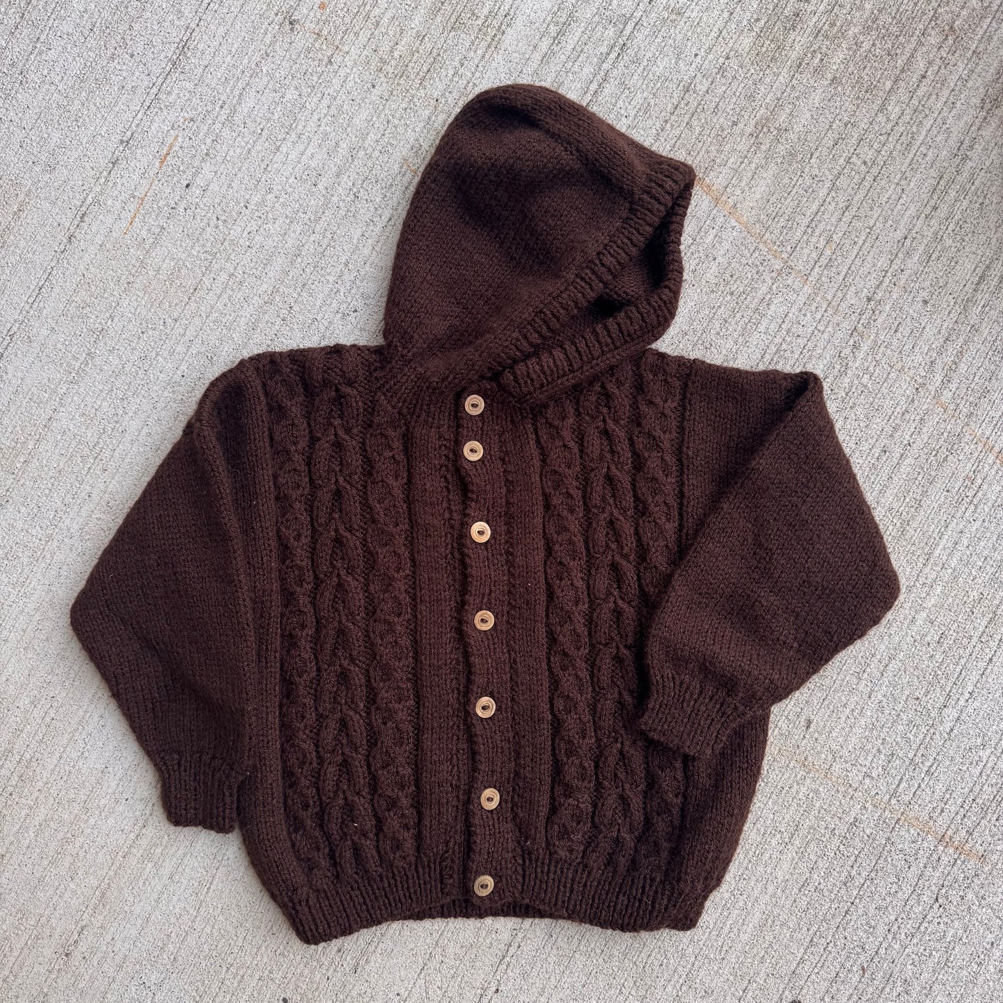 Kids Vintage Hand Knit Nonia New Foundland Brown Cardigan With Hood Sweater 6Y 7Y 8Y