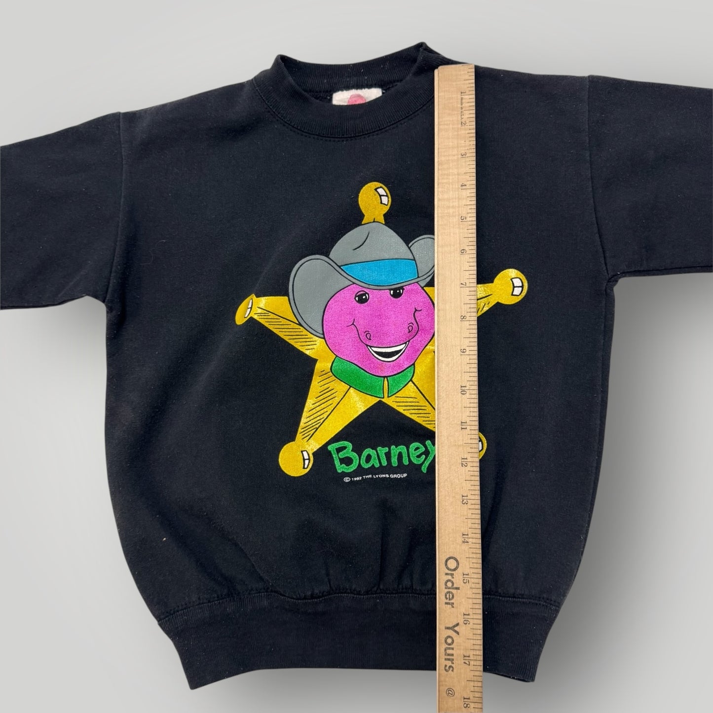 1992 Kids Vintage Barney Sheriff Black Crew Sweatshirt 5/6Y Made in USA