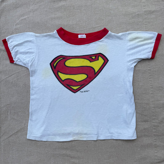 60s Kids Vintage Rare Superman Big Logo White Short Sleeve T-Shirt 4Y 5Y 6Y