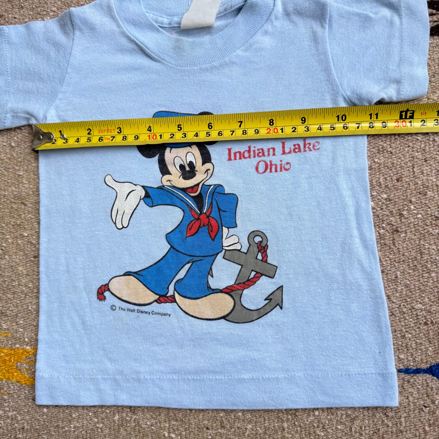 80s 90s Kids Baby Toddler Vintage Walt Disney Mickey Mouse Sailor Indian Lake Ohio Souvenir Print Short Sleeve Single Stitch Light Blue T-Shirt S 18M 24M 2Y Made In USA