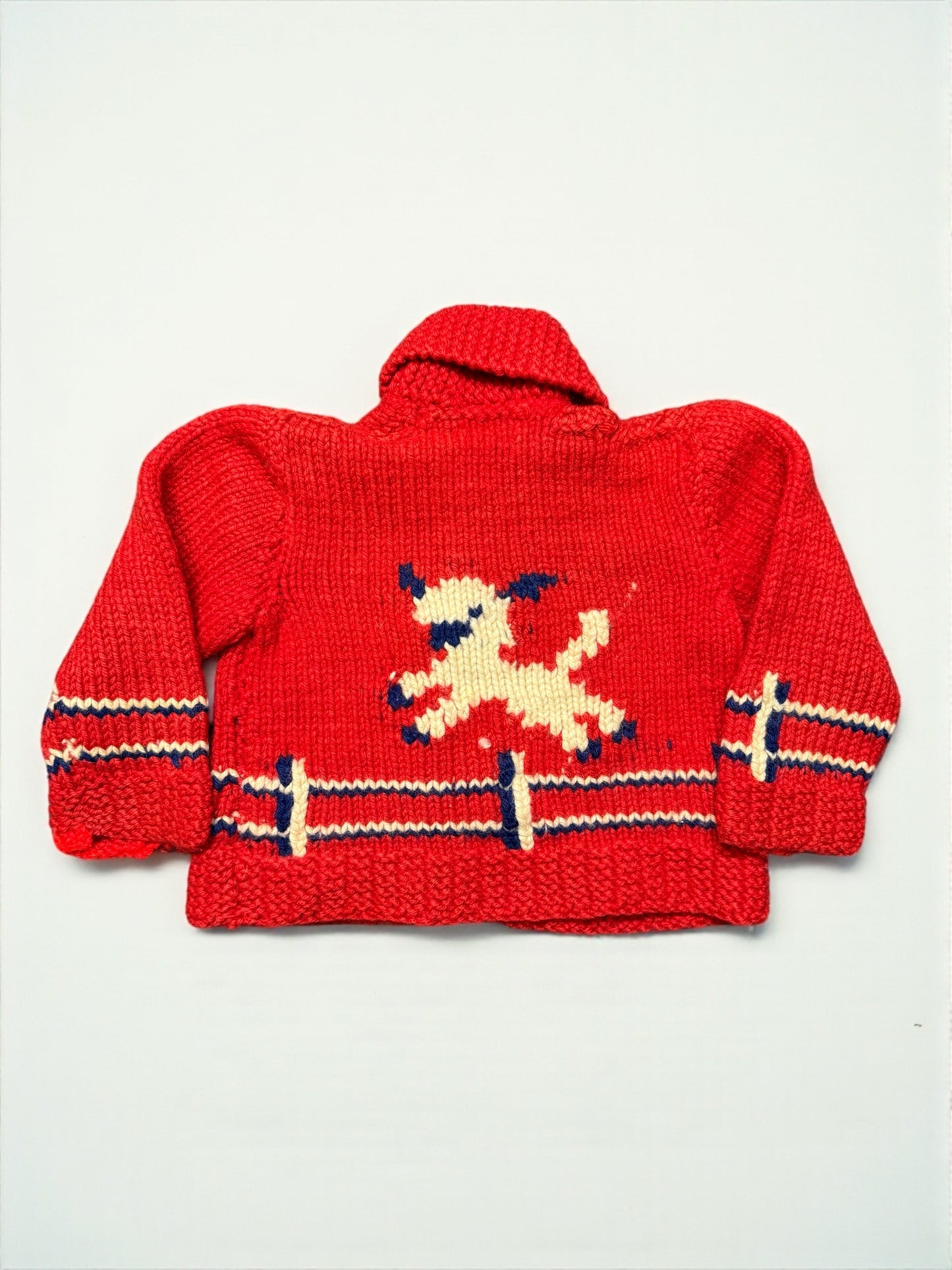50s 60s Kids Toddler Vintage Lamb Emboridered Red Flash Zipper Shawl Collar Cowichan Sweater / 4T 5y 6y