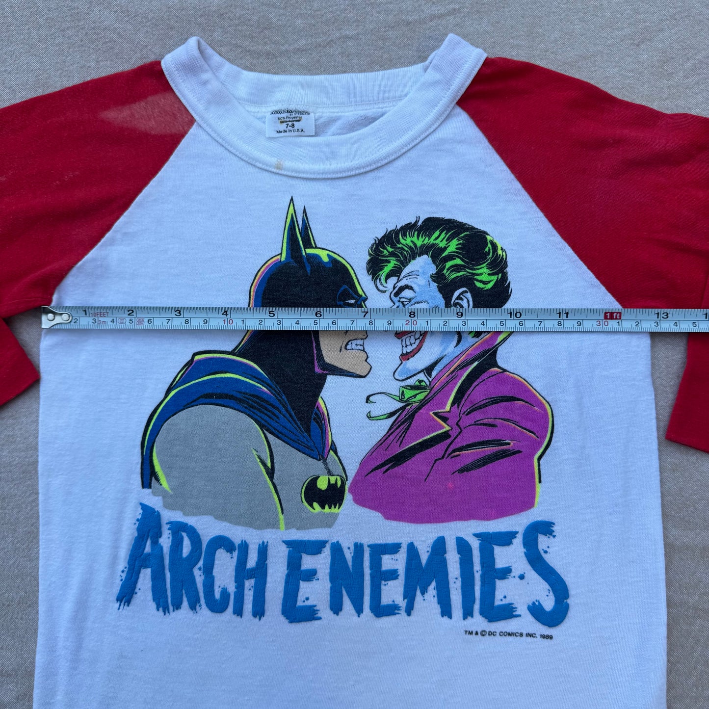 80s Kids Vintage DC Comics Batman Joker Arch Enemies Raglan 3/4 Sleeve White/Red Shirt 7Y 8Y Made in USA