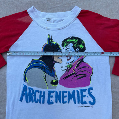 80s Kids Vintage DC Comics Batman Joker Arch Enemies Raglan 3/4 Sleeve White/Red Shirt 7Y 8Y Made in USA