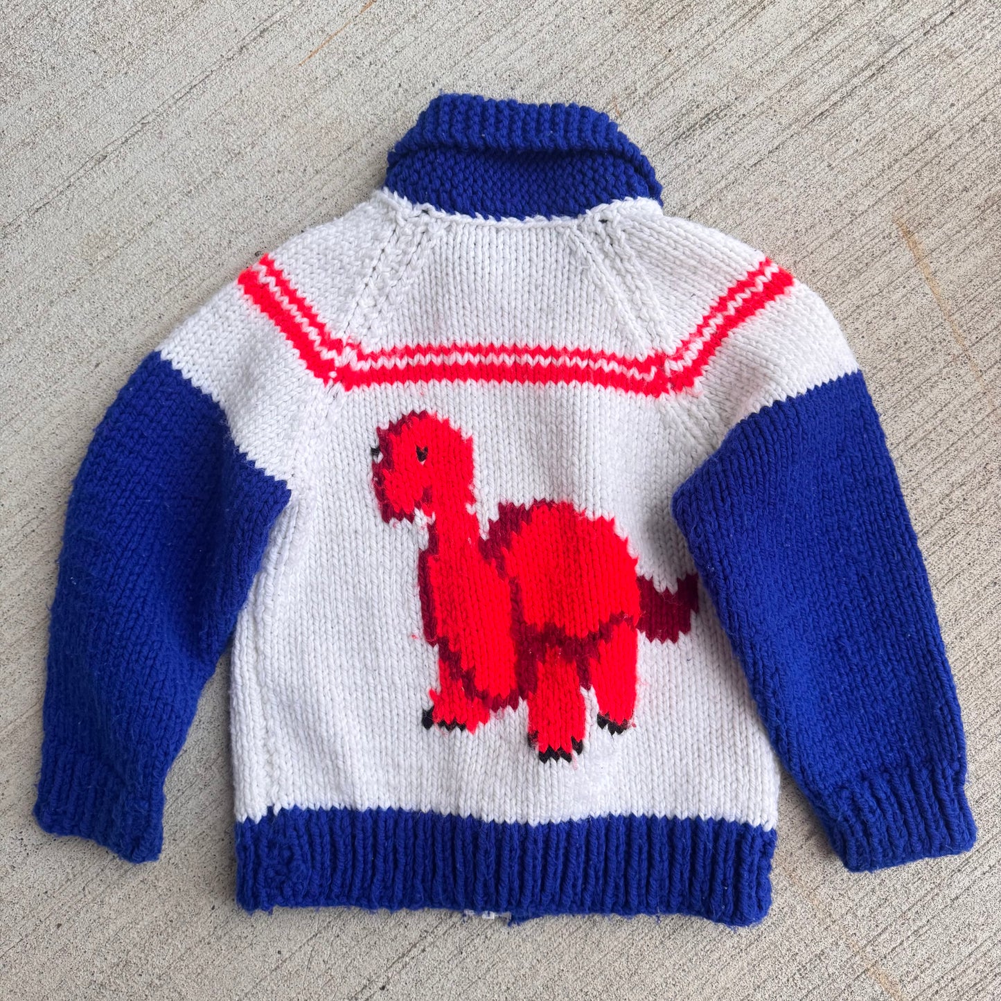 Kids Vintage Hand Knit Red Dinosaur Zip Cowichan 5Y 6Y 7Y