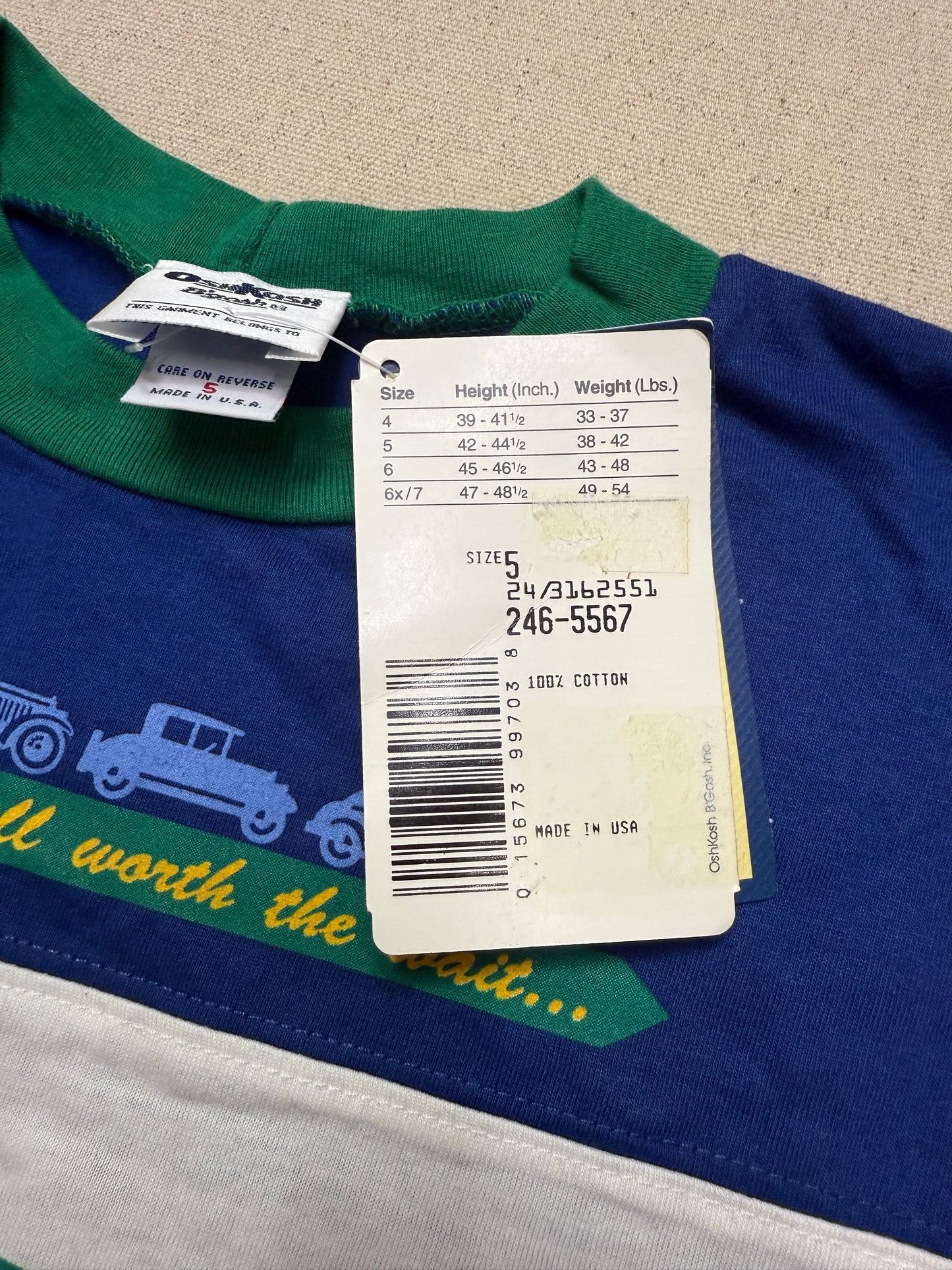 90s Kids Toddler Vintage Deadstock NWT Oshkosh Bgosh Car Design Thick Stripe Longsleeve Tshirt / 4T 5T / Made in USA