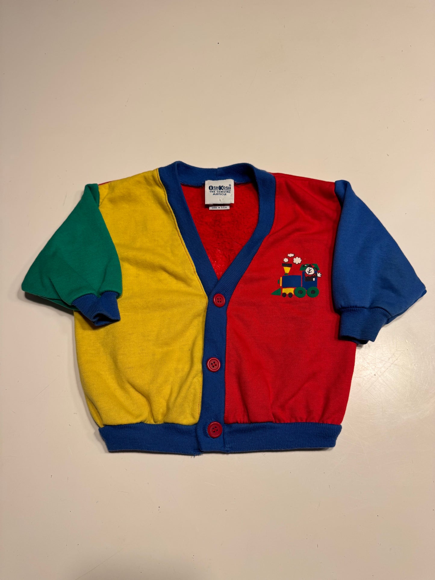 90s Kids Toddler Infant Vintage Baby B’Gosh Oshkosh Multicolour Train Big Print Red Green Yellow Blue Sweat Cardigan //12m / Made in USA