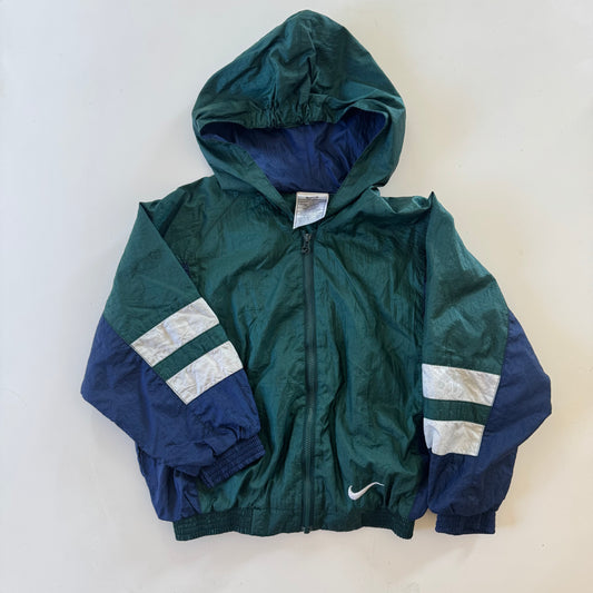 90s Kids Vintage Nike Green Navy Zip Hooded Windbreaker Big Swoosh Back Logo 5Y 6Y