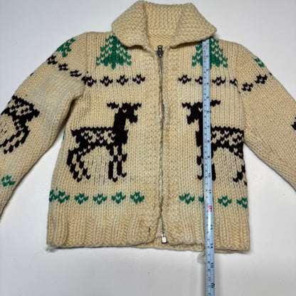 50s 60s Kids Toddler Vintage Beige Deer Lightning Zipper Cowichan Sweater / 3T 4T