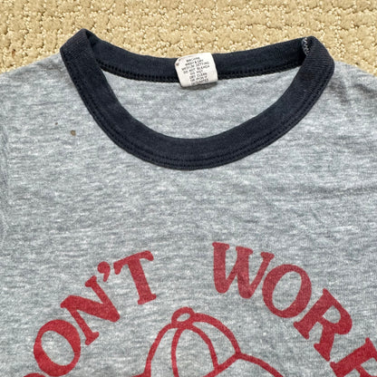70s Kids Toddler Vintage Gray Hanes Ringer “Don’t Work Be Happy! “ Short Sleeve S 6Y 7Y 8Y Made in USA