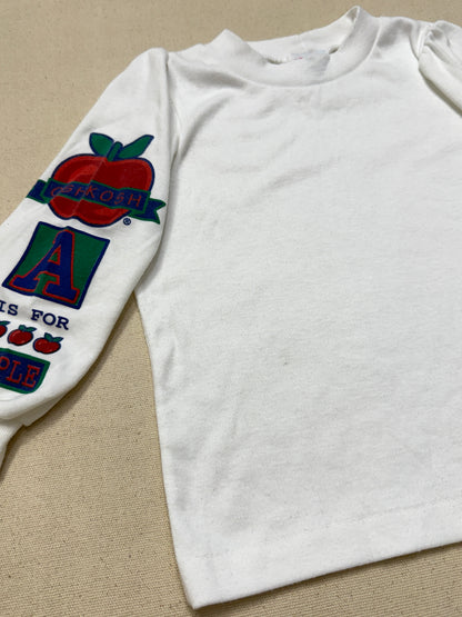 90s Kids Toddler Vintage Oshkosh Bgosh "A is for Apple" Longsleeve  Puffsleeve Top / 2T 3T / Made in USA