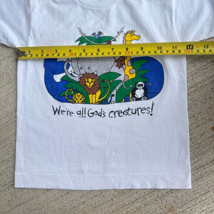 Kids Toddler Vintage We’re All God’s Creatures! White 50/50 Single Stitch T-Shirt 6-8Y Made in USA
