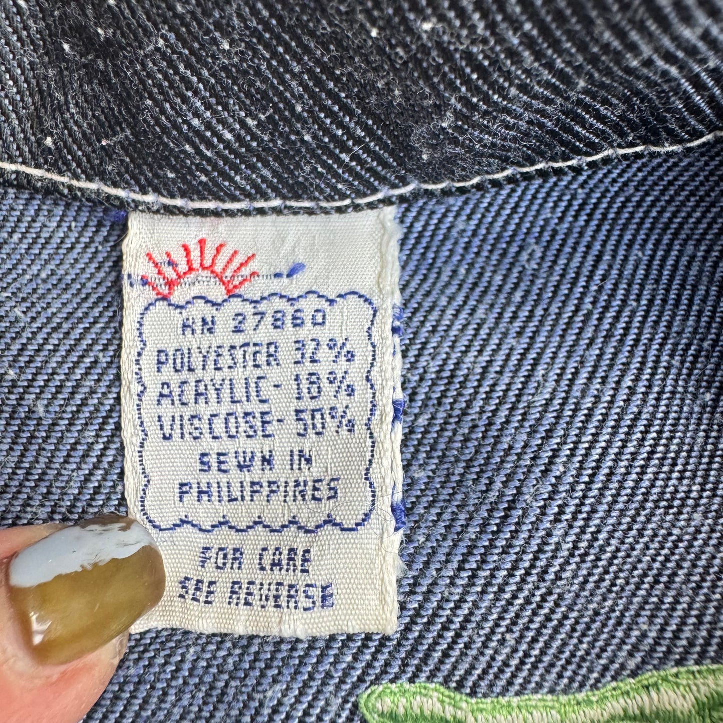 80s Kids Toddler Vintage Dark Denim Snap Double Pocket Long Sleeve Jacket With Cute Embroidered Patches Front And Back 4Y 5Y