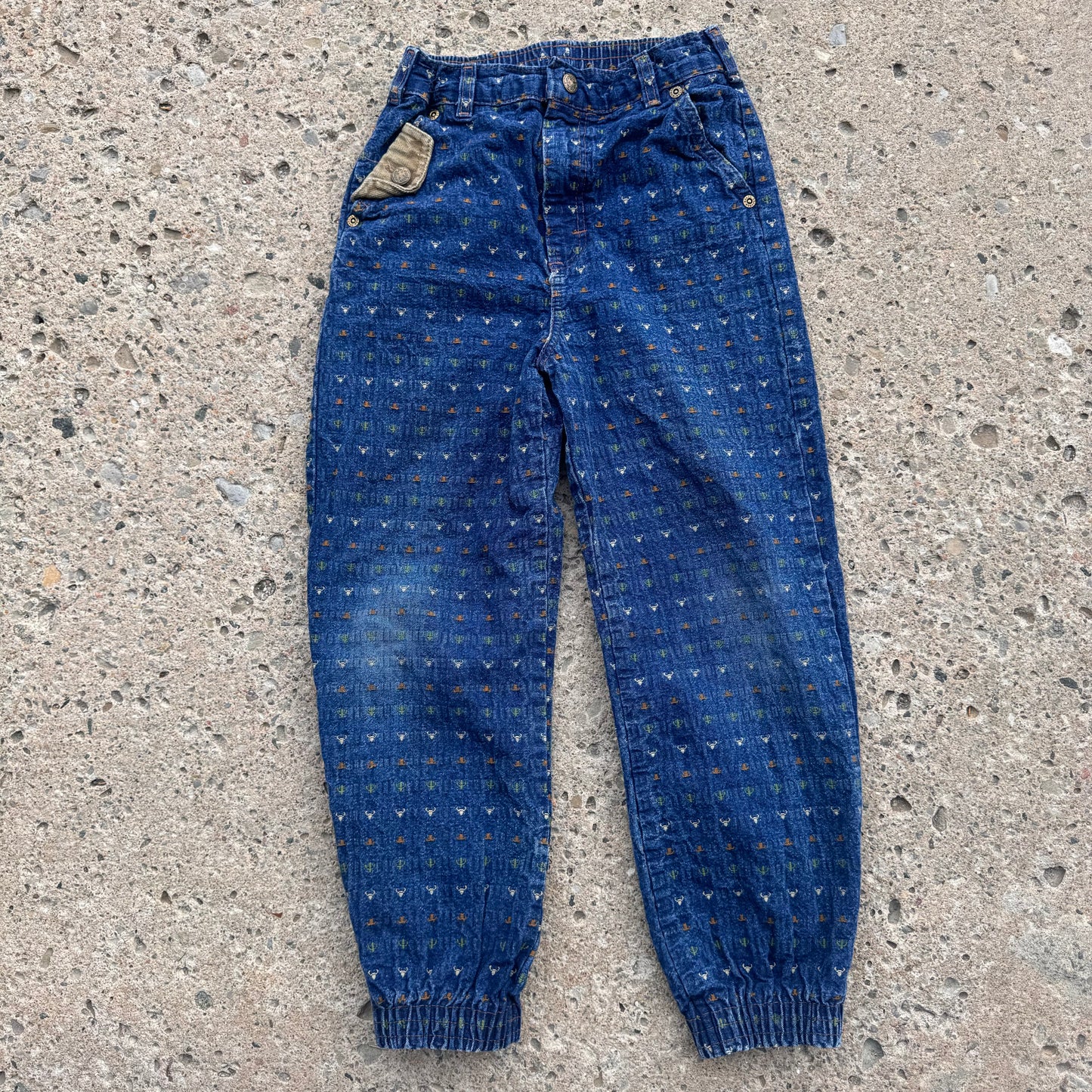 Kids Vintage Oshkosh Blue Denim Jogger Style 100% CottonPant Cactus/Cowboy Hat/Bullhead Print 7Y Made in USA