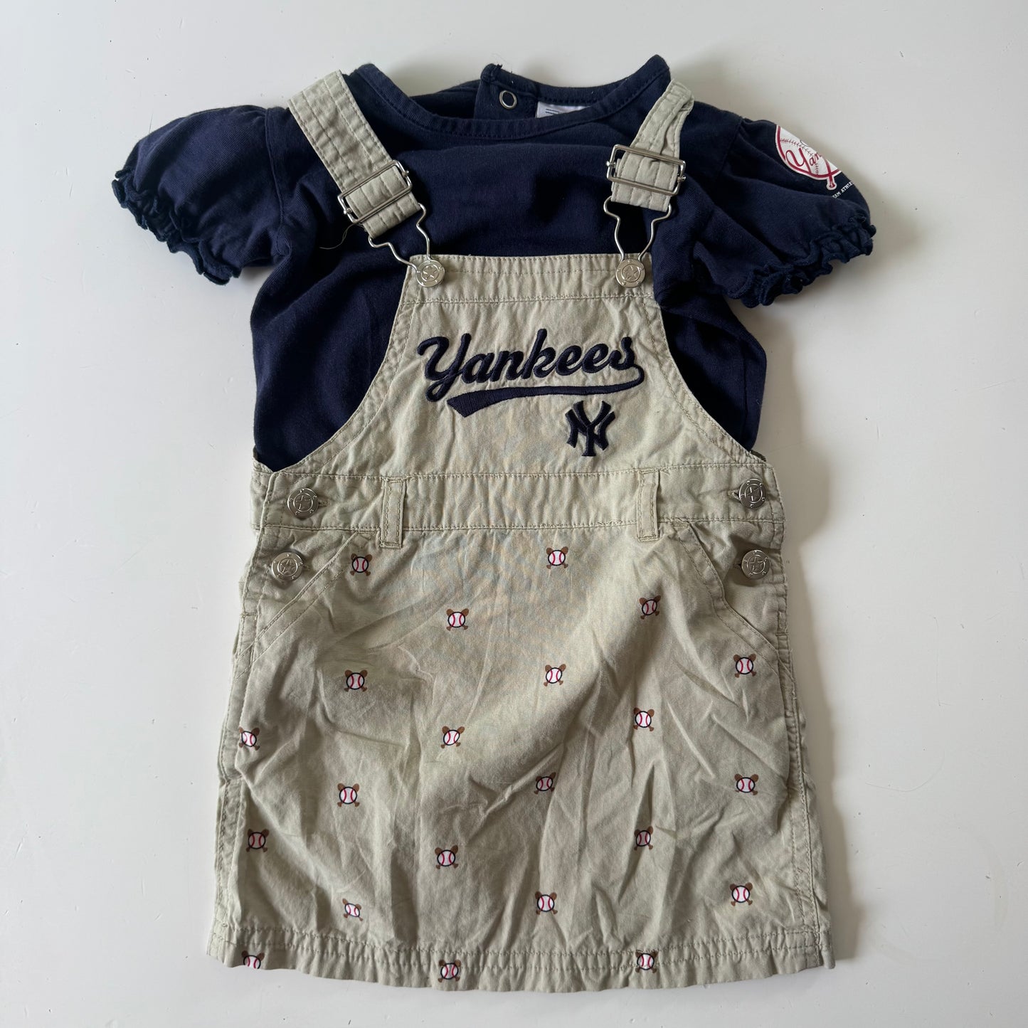 2000s Kids Girls Toddler 2 Piece  Set MLB New York Yankees Adjustable Strap Khaki Dress Baseball Pattern With Short Sleeve Navy T-Shirt 18 m