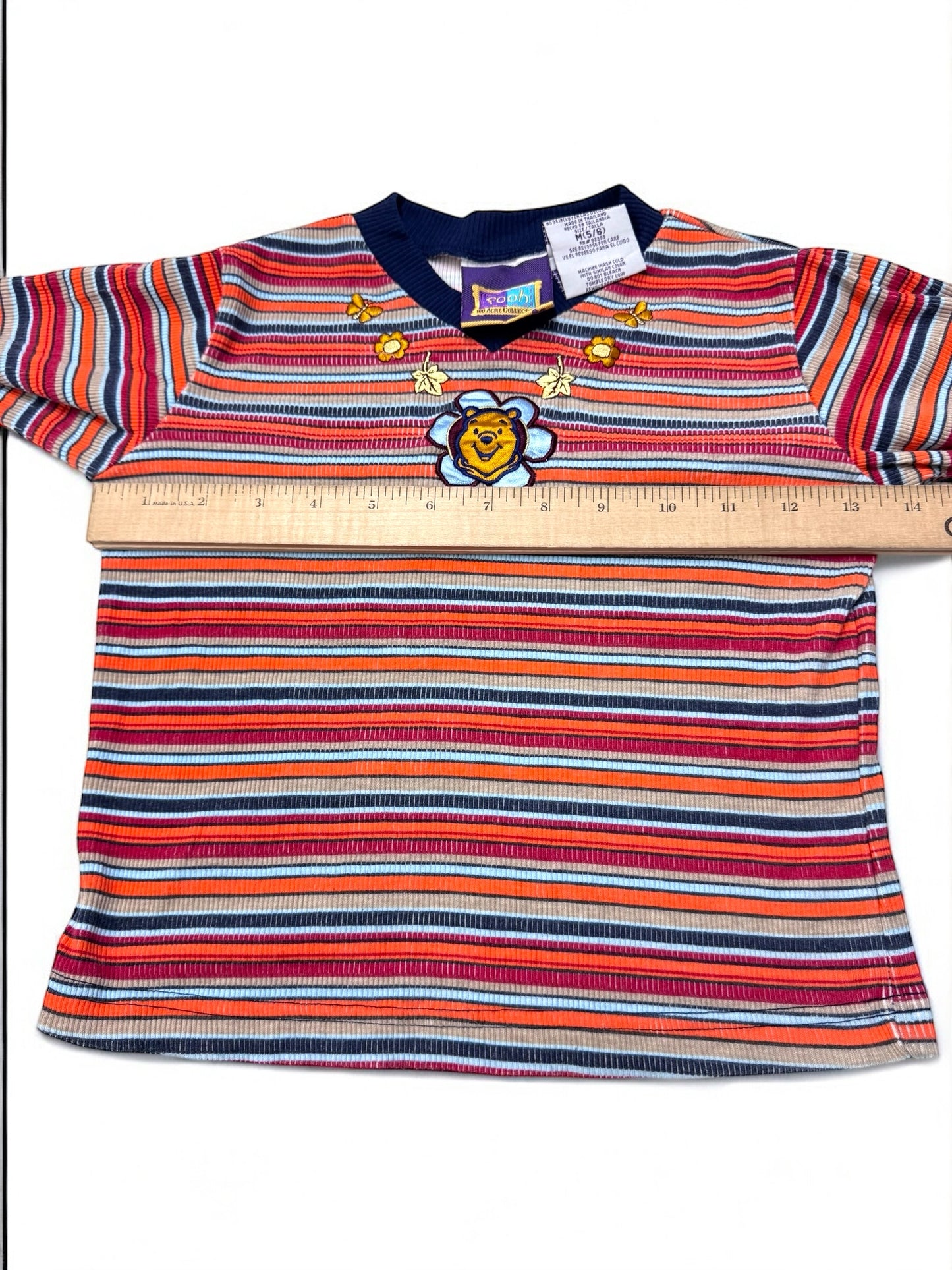 90s Kids Vintage Disney Pooh Multicolour Striped Long Sleeve V Neck Stretchy Shirt With Embroidery