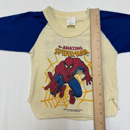 1977 Kids Baby Vintage Marvel The Amazing Spiderman Double Sided Raglan Light Yellow 3/4 Sleeve Single Stitch T-Shirt 2T 3T Made in USA