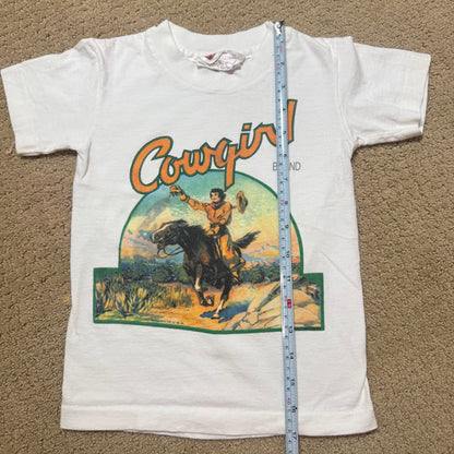 80s Kids Toddler Vintage Cowgirl Western Print White Single Stitch Short Sleeve T-Shirt 100% Cotton XS 4Y 5Y Baby Tee Made in USA