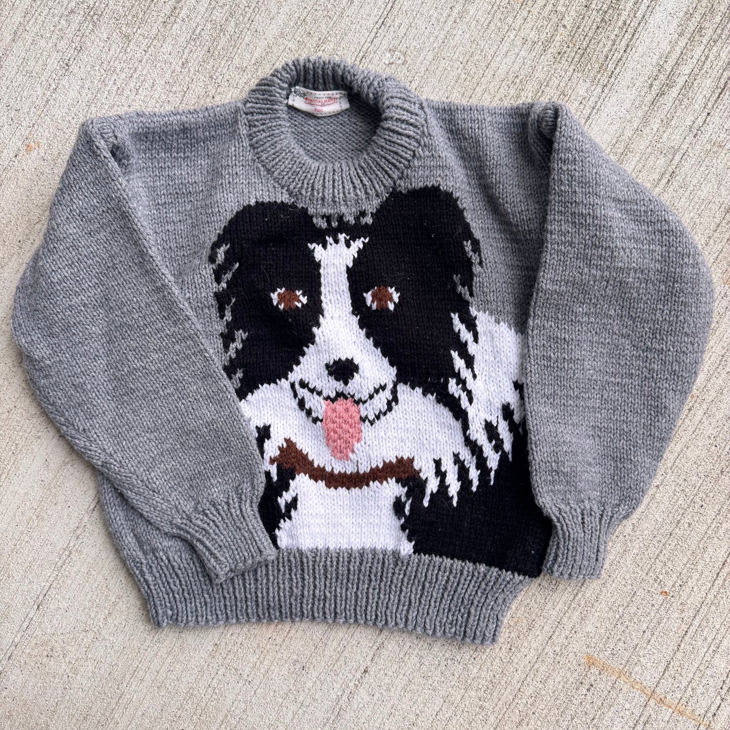 Kids Vintage Hand Knit Dog Front/Back Gray Pullover Sweater 6Y 7Y 8Y