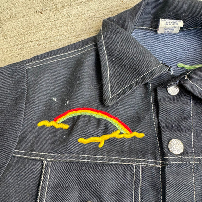 80s Kids Toddler Vintage Dark Denim Snap Double Pocket Long Sleeve Jacket With Cute Embroidered Patches Front And Back 4Y 5Y