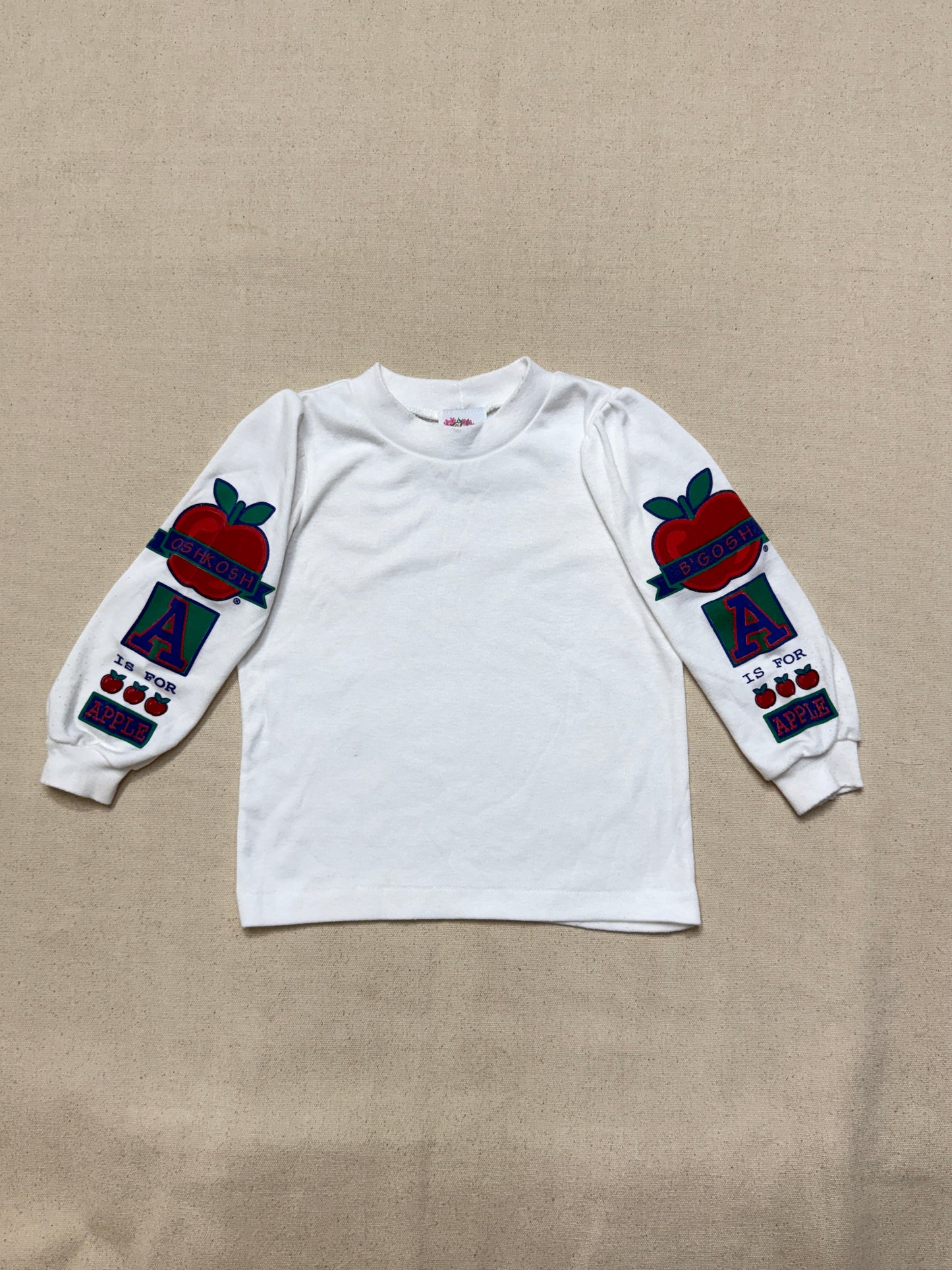 90s Kids Toddler Vintage Oshkosh Bgosh "A is for Apple" Longsleeve  Puffsleeve Top / 2T 3T / Made in USA