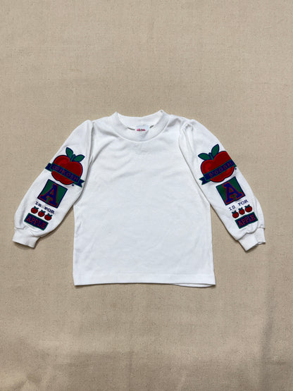 90s Kids Toddler Vintage Oshkosh Bgosh "A is for Apple" Longsleeve  Puffsleeve Top / 2T 3T / Made in USA