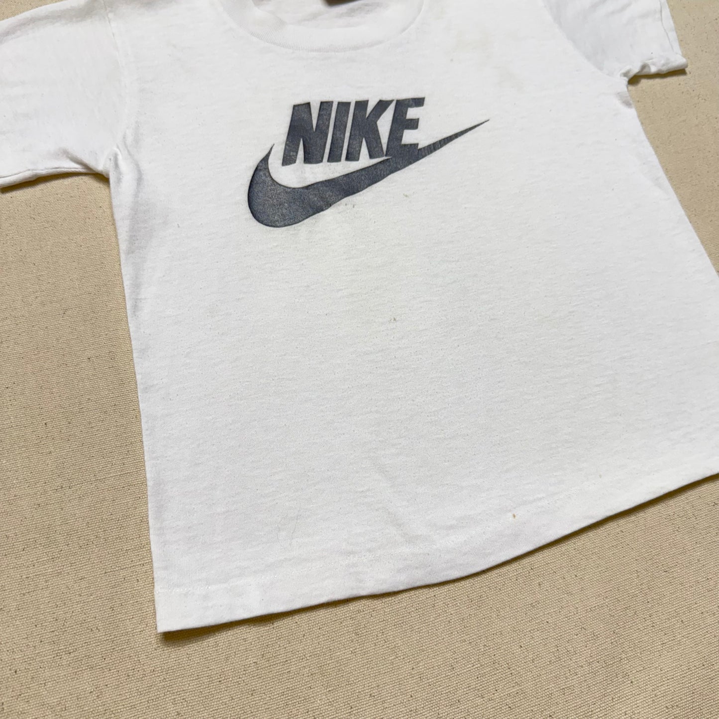 80s Kids Toddler Vintage Nike Blue Tag Gray Big Logo Print Single Stitch White Tshirt / 4T 5T 6y / Made in USA