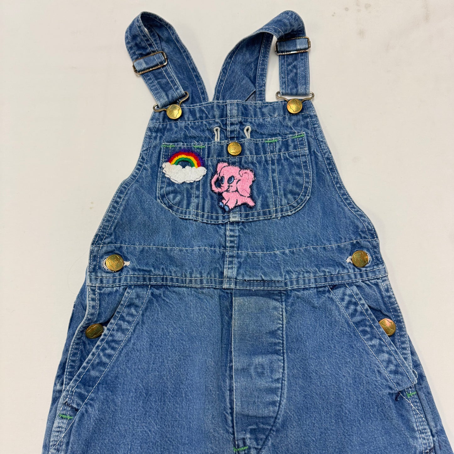 70s Kids Vintage Big Smith Blue Denim Long Pant Overalls With adjustable Straps Cute Patches Front And Back 5Y 6Y Made in USA