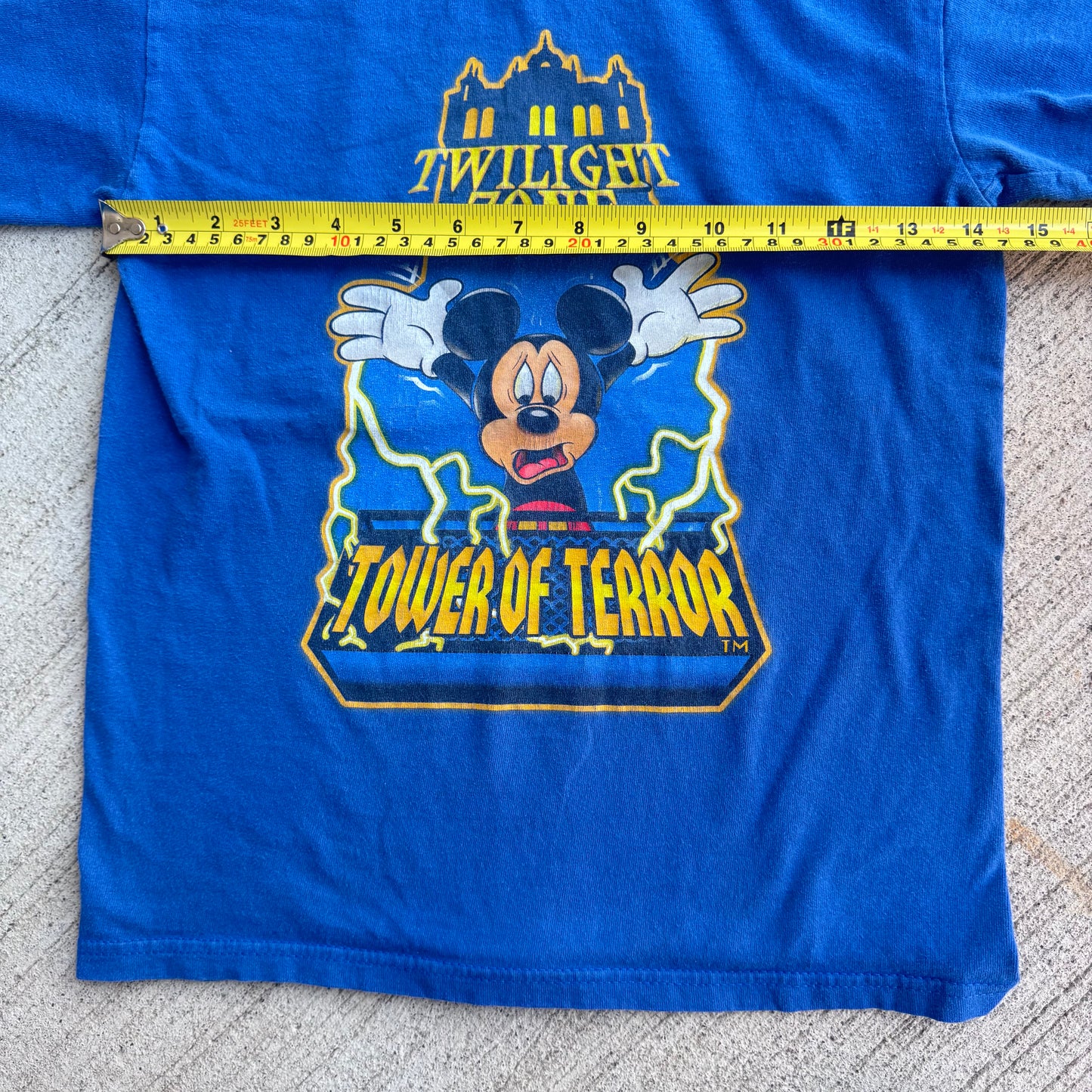 Kids Vintage Disney Mickey Mouse Tower Of Terror Blue Short Sleeve 100% Cotton T-Shirt Made in USA M
