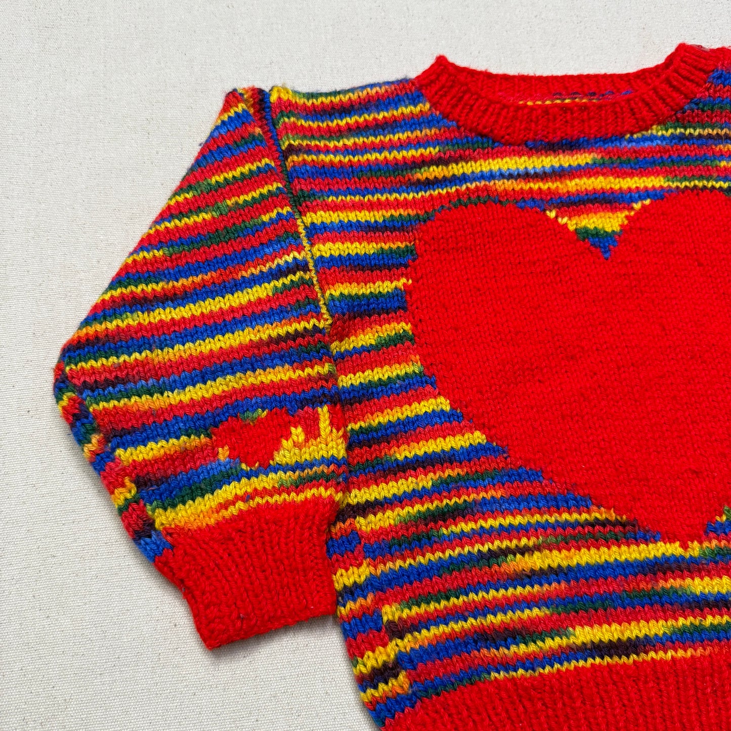 Kids Toddler Vintage Handmade Rainbow Big Heart Pattern Knit Sweater / 3T 4T 5T