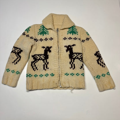 50s 60s Kids Toddler Vintage Beige Deer Lightning Zipper Cowichan Sweater / 3T 4T