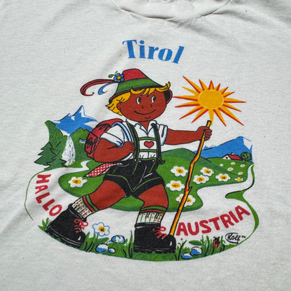 70s Kids Vintage Tirol Hallo Austria Kid Yodeller Print White Single Stitch Short Sleeve T-Shirt 7Y 8Y 9Y Baby Tee XS Adult